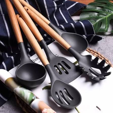 12 Pcs Kitchen Utensils Set | BPA Silicon & Wooden Kitchen Spoon Set | Heat Resistant Kitchen Non toxic Spatula Set with Turner Tongs,Spoon,Brush,Whisk-Wooden Handle - Random Color (C)