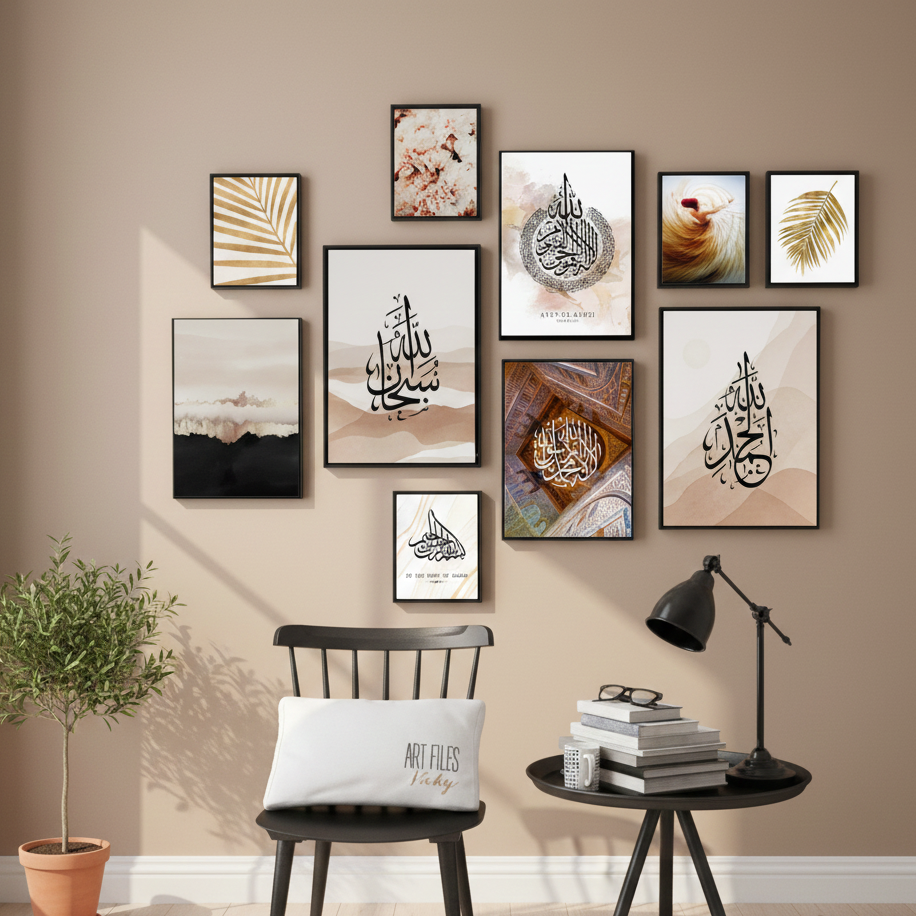 10Pcs Islamic Calligraphy Photo Tiles – 10 Piece Set with Double Tape, Small 5x7 & Large 8x11 Frames (C)