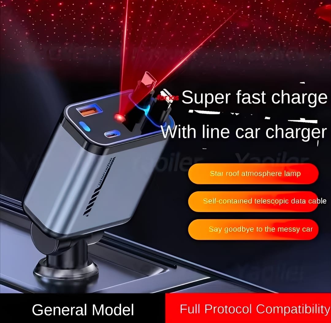 C6 4 In 1 Multi Functional Car Charger Fast Charging With Star Light Providing Durable Quality - 20 Watt (With Light)