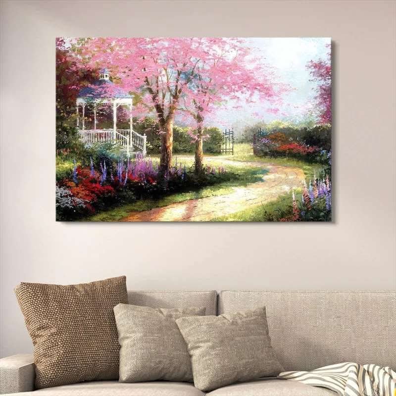 Pink Cherry Blossom Garden Wall Decor | Romantic Gazebo Landscape Painting | Wooden Art Frame 12x16 Inches (C)