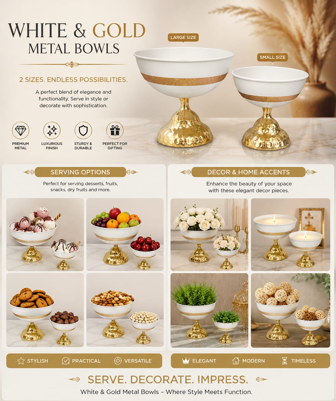 Luxury Metal Decorative Bowl White & Gold Finish (C)