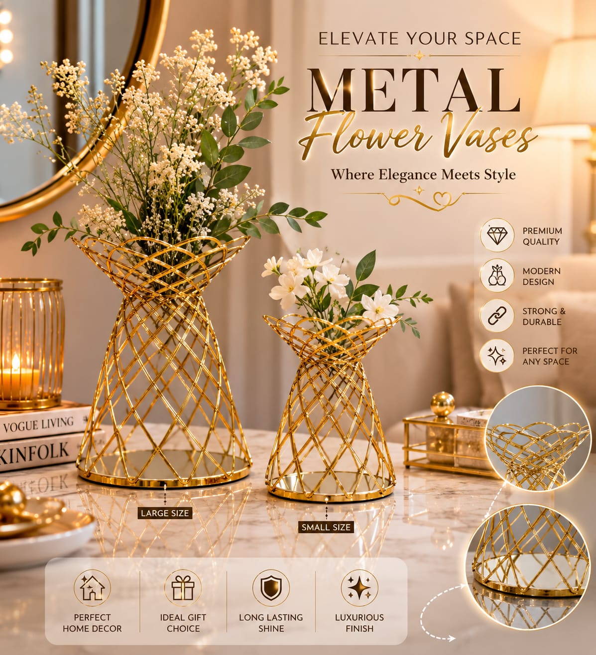 Luxury Decorative Table Vase | Modern Metal Flower Vase for Home & Office Décor | Without Flowers 15x15x18cm (C)