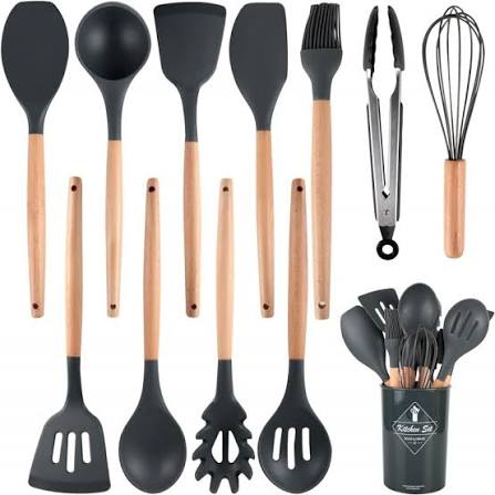 12 Pcs Kitchen Utensils Set | BPA Silicon & Wooden Kitchen Spoon Set | Heat Resistant Kitchen Non toxic Spatula Set with Turner Tongs,Spoon,Brush,Whisk-Wooden Handle - Random Color (C)