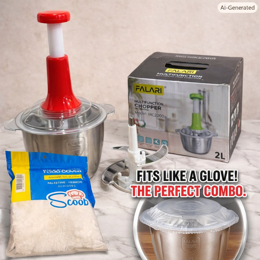Kitchen Fresh Prep Combo Deal – 2L Manual Hand Press Vegetable Chopper, Meat Mincer & 100 Elastic Stretchable Food Covers - Random Color (C)