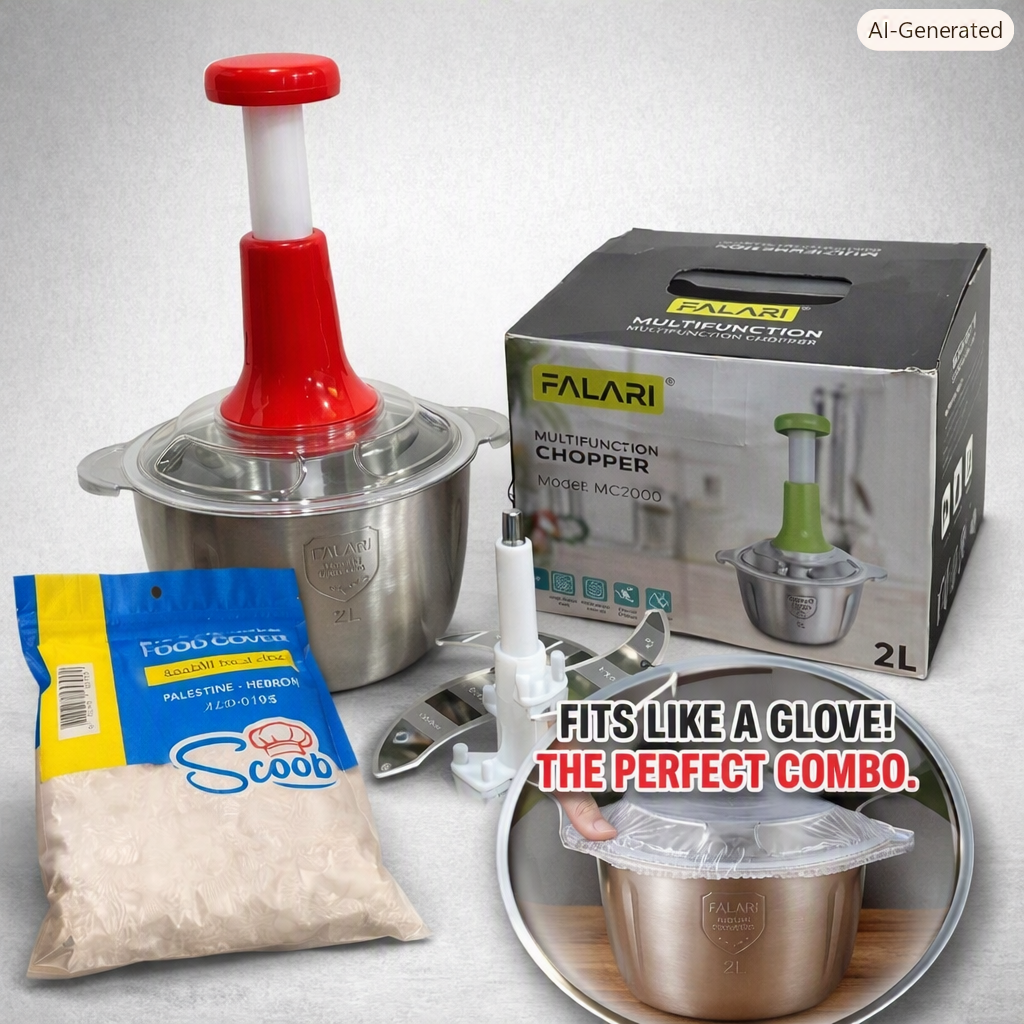 Kitchen Fresh Prep Combo Deal – 2L Manual Hand Press Vegetable Chopper, Meat Mincer & 100 Elastic Stretchable Food Covers - Random Color (C)