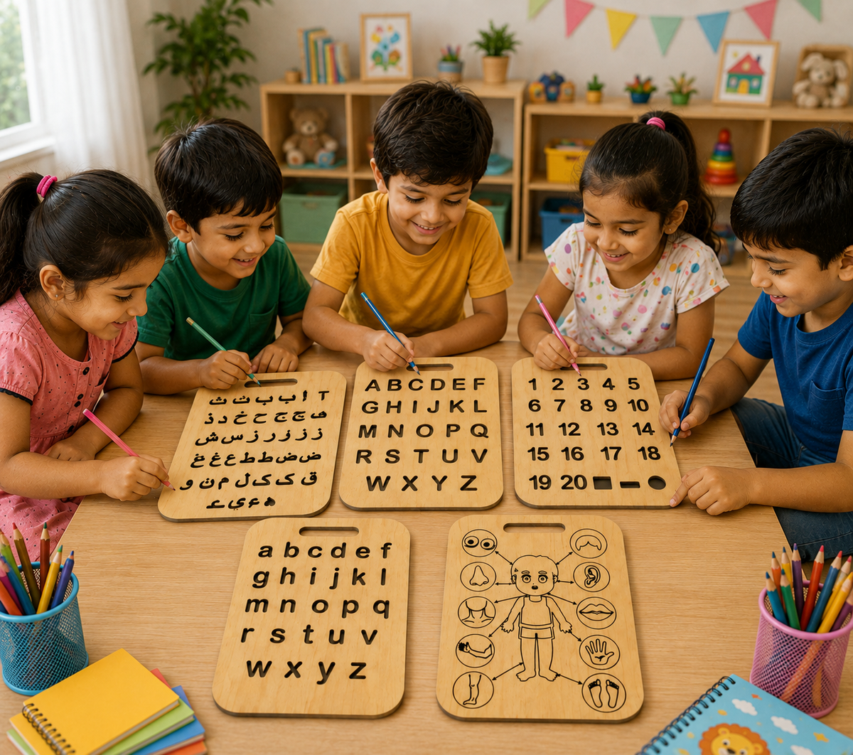 Educational Wooden Tracing Board Set 5 Pcs – Urdu, English, Numbers & Body Parts Learning Boards (C)