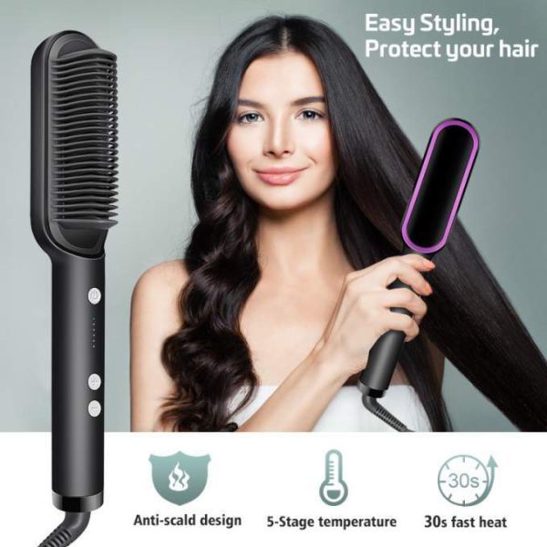 Professional Hair Straightener Brush – Anti-Scald Comb with 5 Temperature Settings (H)