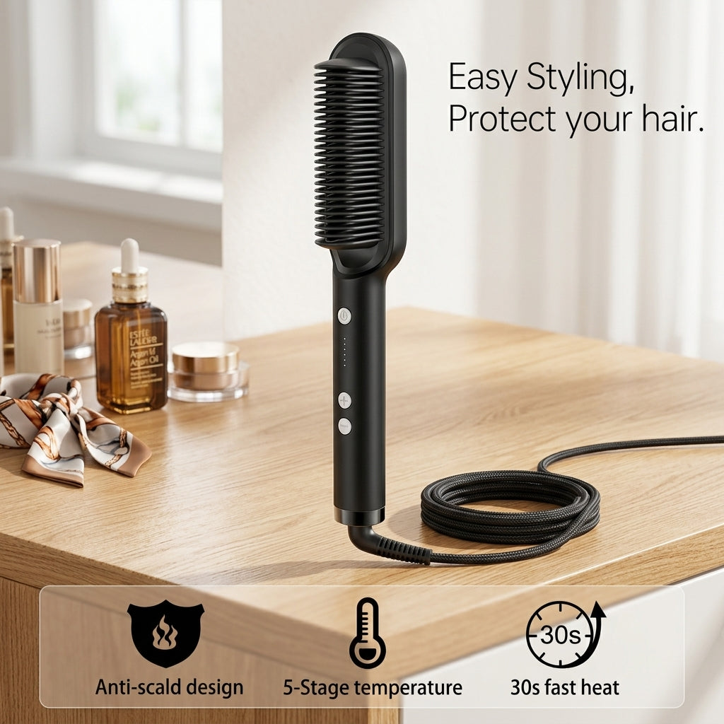 Professional Hair Straightener Brush – Anti-Scald Comb with 5 Temperature Settings (H)