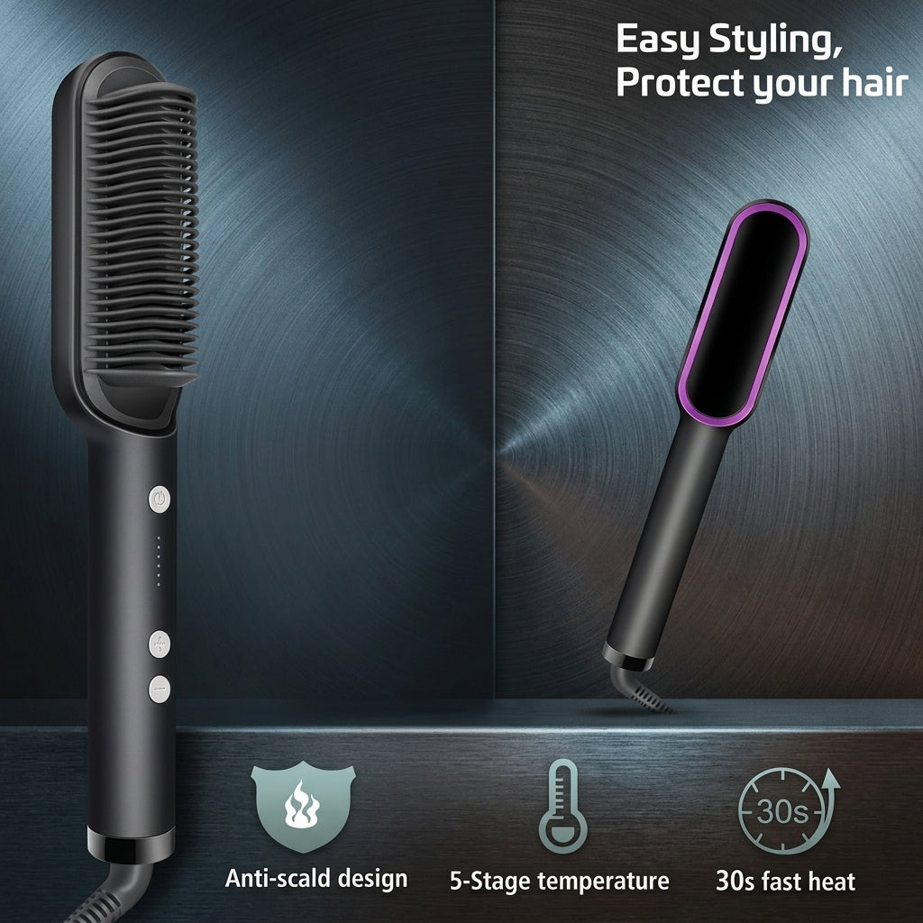 Professional Hair Straightener Brush – Anti-Scald Comb with 5 Temperature Settings (H)