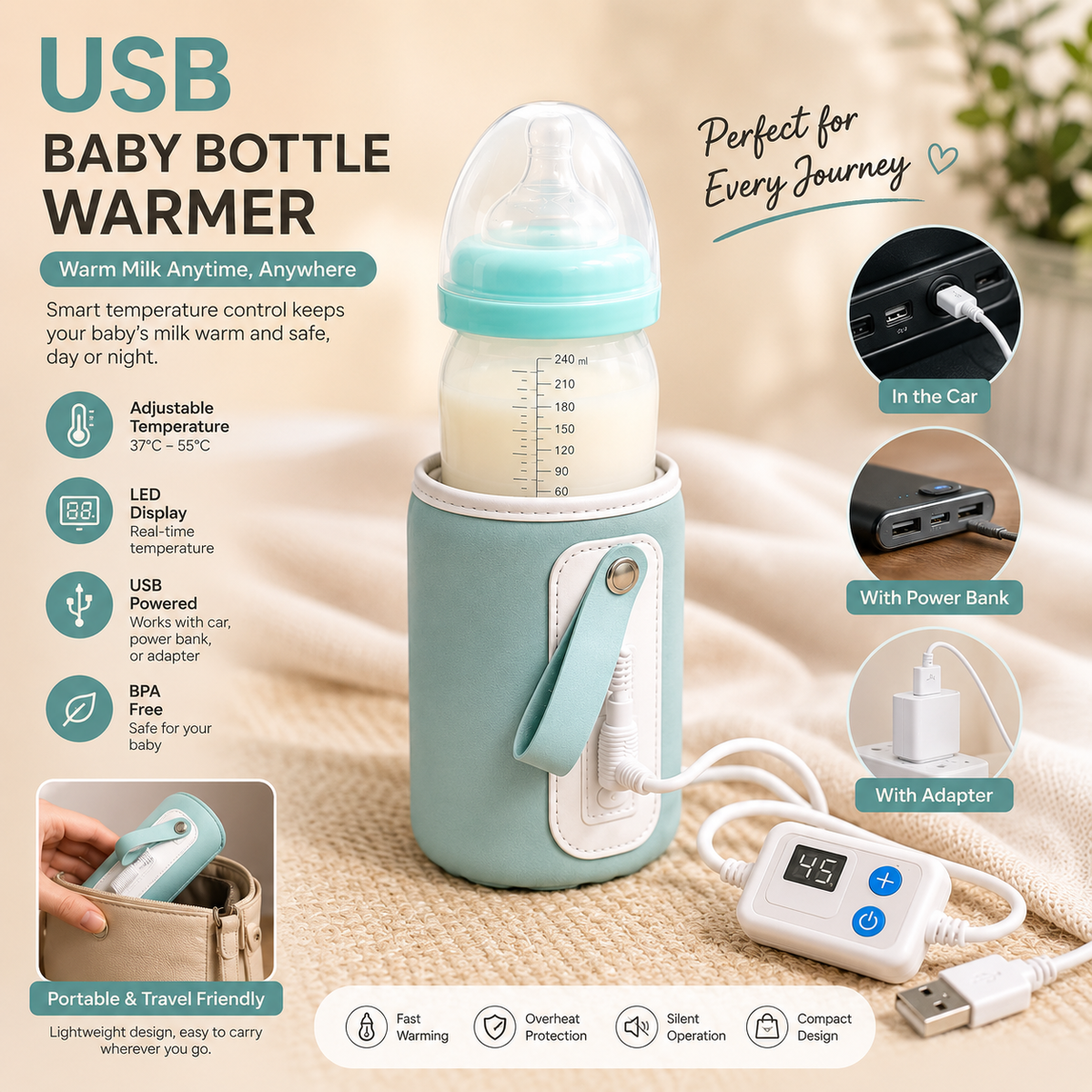 USB Baby Bottle Warmer With Adjustable Temperature Display (C)