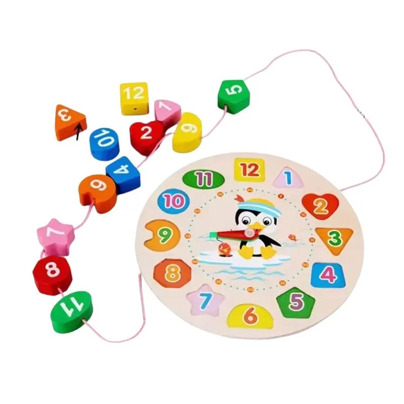 Wooden Learning Clock & Number Shape Sorting Toy (C)