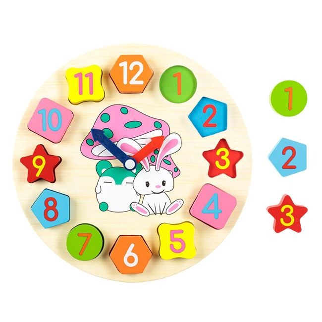 Wooden Learning Clock & Number Shape Sorting Toy (C)