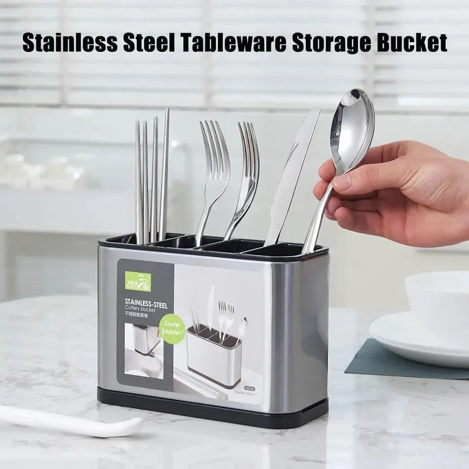 Stainless Steel Cutlery Bucket Durable Easy To Clean Organizer For Spoons Forks Knives Space Saving Kitchen Counter Storage (C)