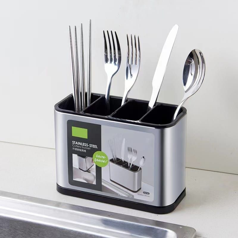 Stainless Steel Cutlery Bucket Durable Easy To Clean Organizer For Spoons Forks Knives Space Saving Kitchen Counter Storage (C)