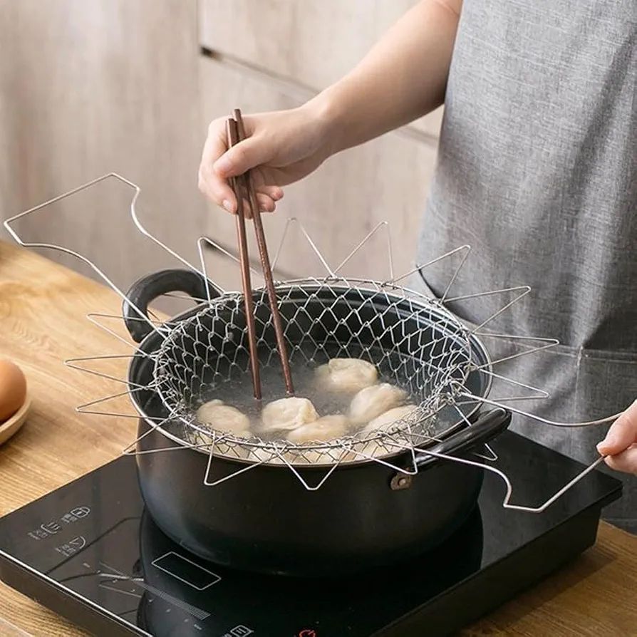 Stainless Steel Foldable Frying Basket - Collapsible Kitchen Chef Basket (C)