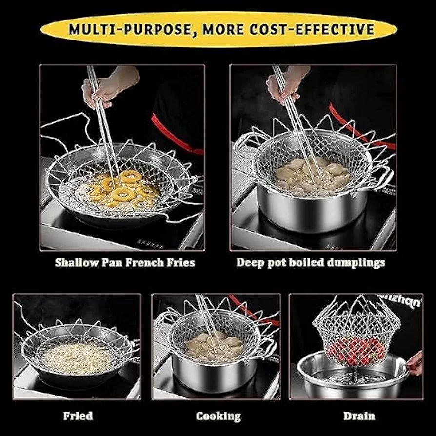Stainless Steel Foldable Frying Basket - Collapsible Kitchen Chef Basket (C)