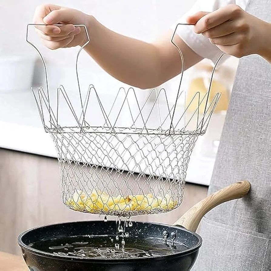 Stainless Steel Foldable Frying Basket - Collapsible Kitchen Chef Basket (C)