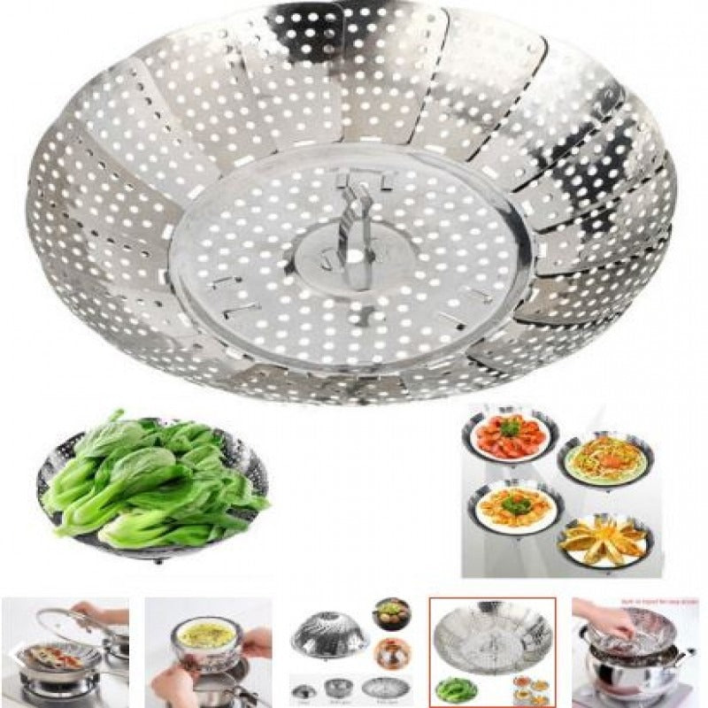 Multifunctional Stainless Cooking Steamer Foldable Kitchen Steamer Plate Anti-Scald Steamer Basket Deep Fryer Pot Strainer (C)