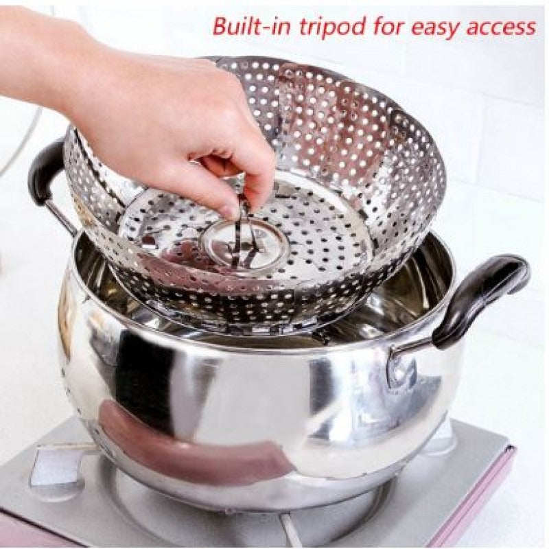 Multifunctional Stainless Cooking Steamer Foldable Kitchen Steamer Plate Anti-Scald Steamer Basket Deep Fryer Pot Strainer (C)