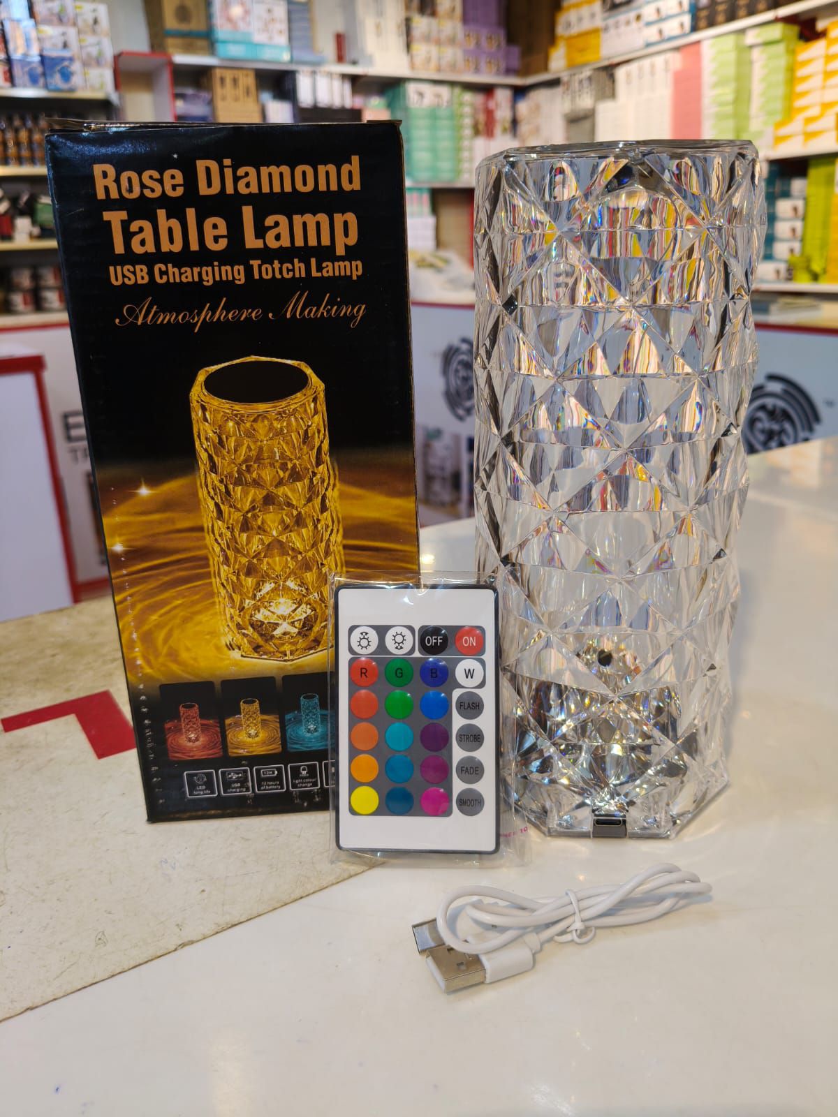 Rechargeable Rose Diamond Table Lamp – 16 RGB Colors with Wireless Remote (C)