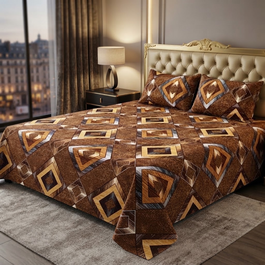 3D Crystal Cotton 3PC Bedsheet Set With Multicoloured Geometric Design & 2 Pillow Covers (C)
