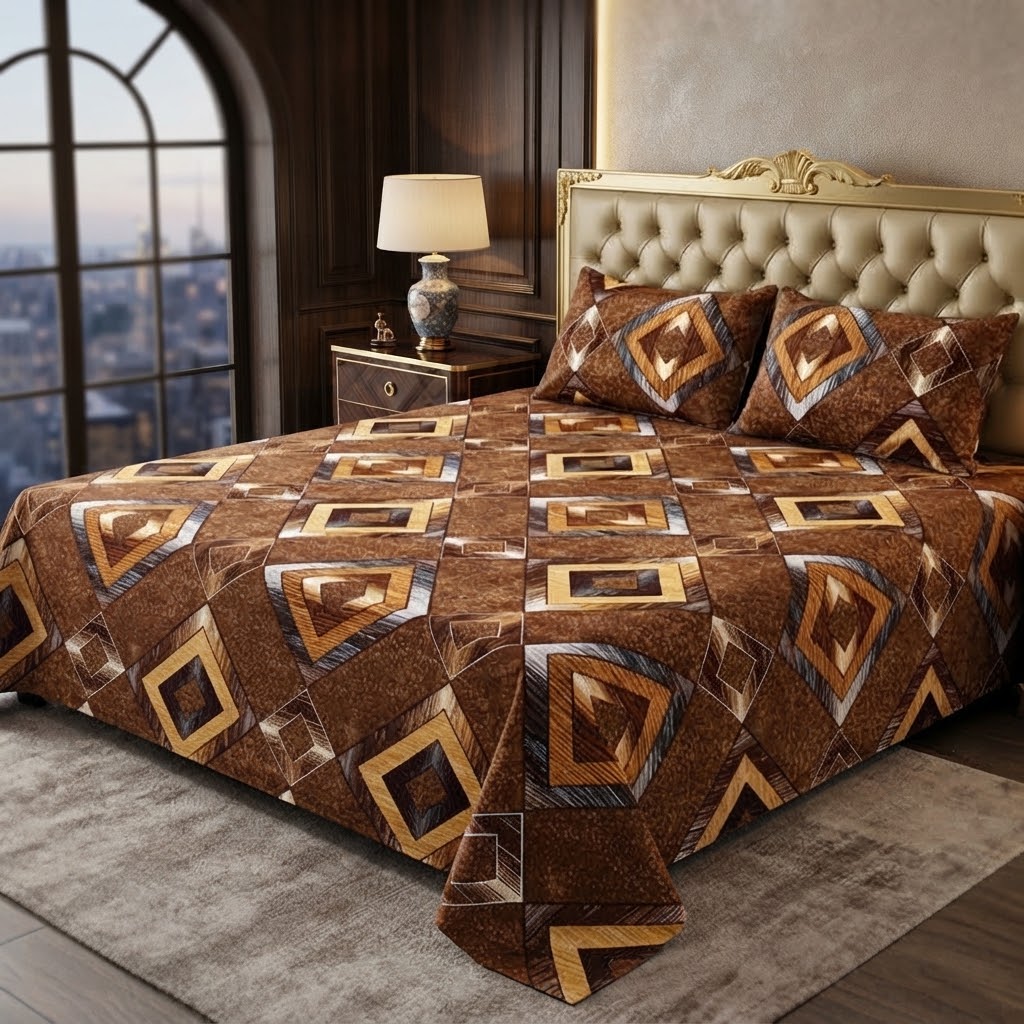 3D Crystal Cotton 3PC Bedsheet Set With Multicoloured Geometric Design & 2 Pillow Covers (C)