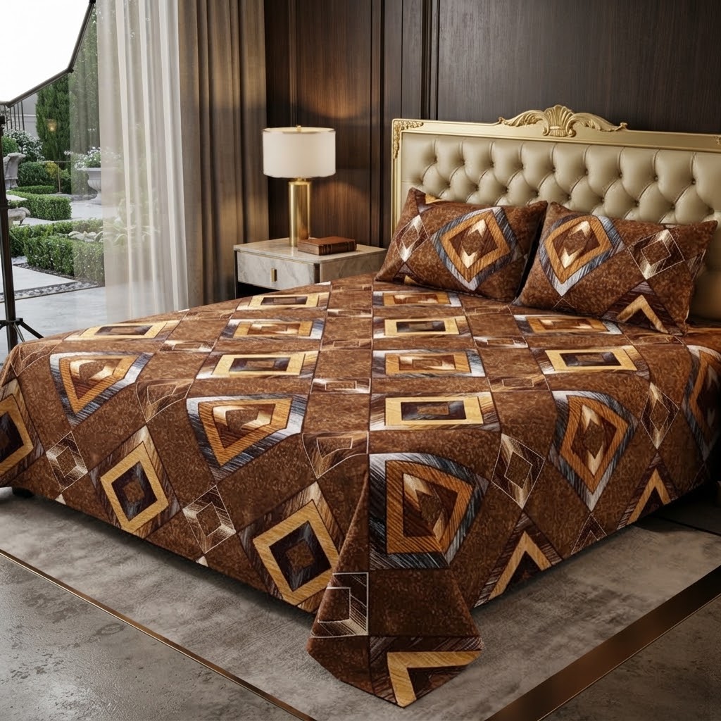 3D Crystal Cotton 3PC Bedsheet Set With Multicoloured Geometric Design & 2 Pillow Covers (C)